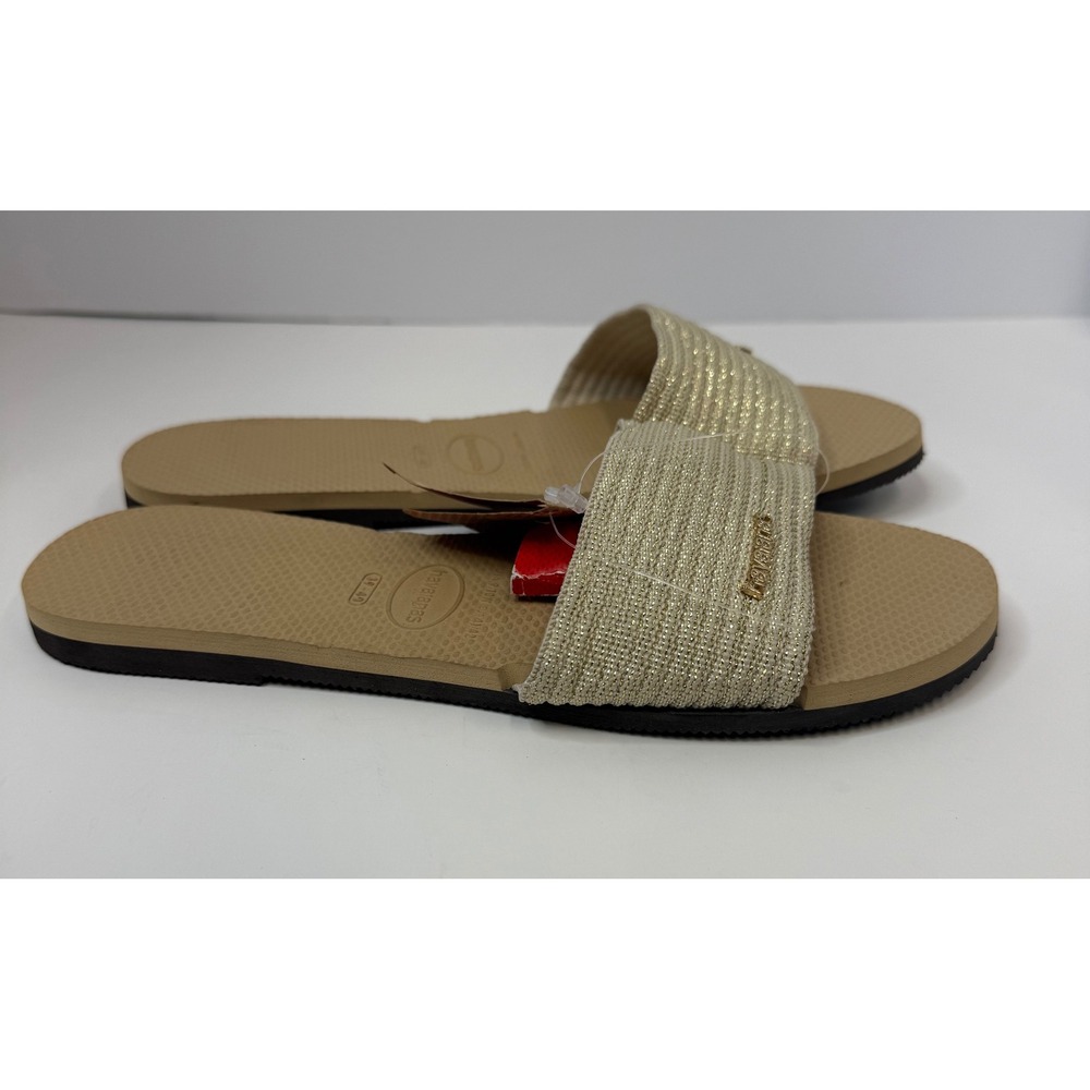 Havaianas You Malta Shimmering Metallic Slides Golden Sandals Size 9/10 Women